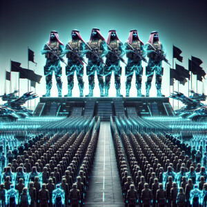 Generate a picture of 5 Muslim army generals and the leader with...