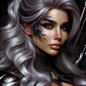 A beautiful huntress from the “Monster Hunter” series with dark...