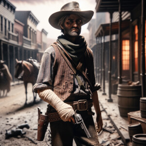 An old west cowboy standing in the middle of the road,  in the m...