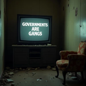 An uncomfortable vandalized room with a tube TV that has an emergency broadcast that says “GOVERNMENTS ARE GANGS” on the screen