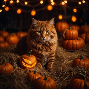 A magical pumpkin cat with a glowing pumpkin amulet, sitting in...