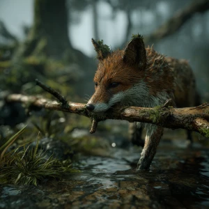 A cinematic wide shot of an enchanted forest after heavy rain. T...