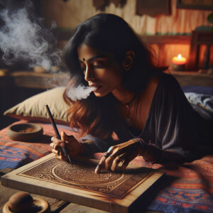 woman laying on her bed smoking a cigarette