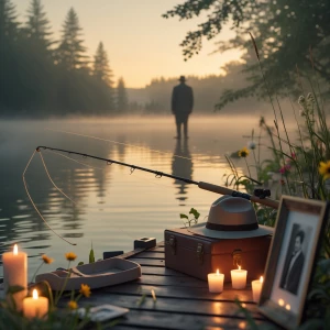A peaceful lakeside memorial scene at golden hour. A lone fishin...
