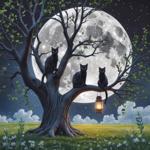 a tree with no leaves black cats sitting on its branches, two la...