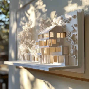 3D printed scale model of a house being displayed as art on a wall