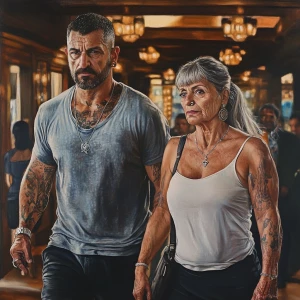 Hyperrealism art.A sweaty beefy muscular son in law criminal wal...