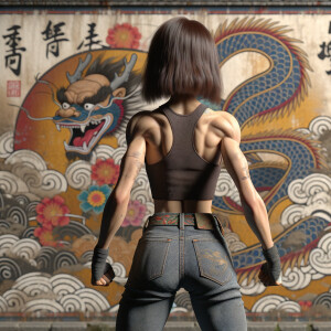 Athletic Thin skinny Attractive, Asian teenage girl, long brown hair and bangs, wearing tight skinny jeans and a halter top paint marks on her clothing, heroic pose Asian graffiti background, backside view