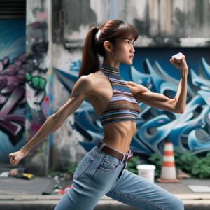 Very thin Athletic Thin skinny Attractive, Asian teenage girl, long brown hair and bangs, wearing tight skinny jeans and a halter top paint marks on her clothing, heroic sideways pose Asian graffiti background