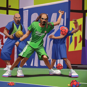 Snoop dogg playing tennis with the ninja turtles on a basketball court in space