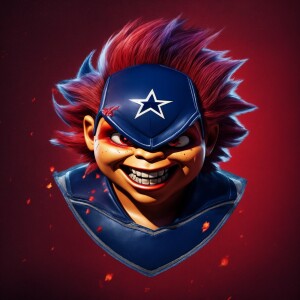 stylized, aggressive-looking  chucky  with cuts, stiches and blo...