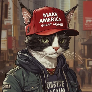 A humanoid cat character wearing a red baseball cap with "MAKE A...