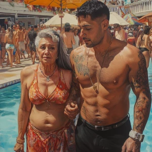 Hyperrealistic painting,a pool party new york summer resort,a mu...