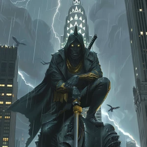 /imagine prompt: Crouched manga-style mystic on a rain-slick gar...