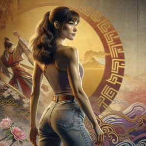 Athletic Thin skinny Attractive, Asian teenage girl, long brown hair and bangs, wearing tight skinny jeans and a halter top paint marks on her clothing, heroic pose Asian graffiti background, backside view