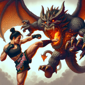 A fearless Muay Thai fighter delivering a powerful kick to a men...