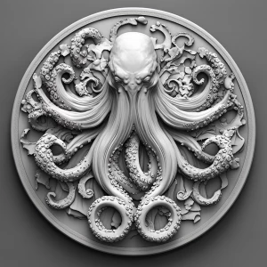 Design a high-contrast grayscale 3d bas relief of the kraken, Th...