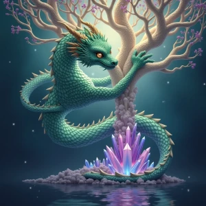 In the ethereal dreamscape, a shimmering ethereal dragon coils a...