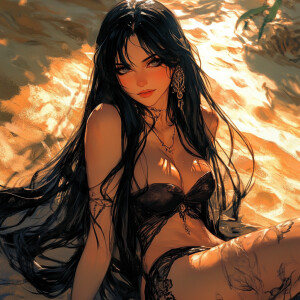 Illustration in the style of alphonse mucha, Bayonetta, in relax...