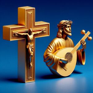 make 3-D realistic gold cross, African-American, Jesus, playing...