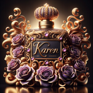 Craft an image of an ornate perfume bottle, with a luxurious design featuring purple roses and intricate gold detailing. At the center of the bottle, include an elegant, raised gold script that spells out the name 'Karen'. The bottle should exude opulence with a jeweled crown-like cap and a background that suggests sumptuousness and sophistication. The script should be harmonious with the lavish design, standing out against the purple and gold palette.