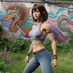 Athletic Thin skinny Attractive, Asian teenage girl, long brown hair and bangs, wearing tight skinny jeans and a halter top paint marks on her clothing, heroic pose Asian graffiti background, side view