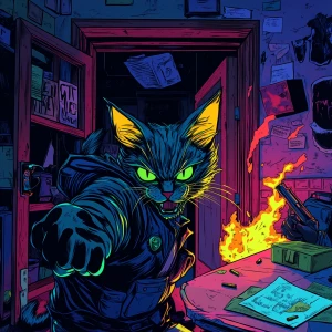 A crime boss cat flipping a table as SWAT-like cats burst throug...
