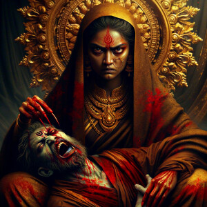 portrait of angry looking goddess durga sitting on a gold crown...