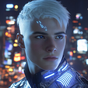 A young man with short, platinum blond hair styled in a sleek, m...