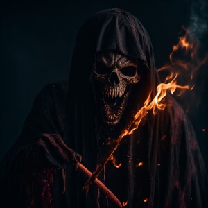 A terrifying undead Grim Reaper-like creature with sharp fangs,...