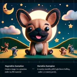 a french bulldog with feltro style. the frenchie is light brown...