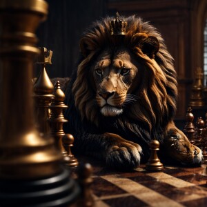 Create a masculine 3-D image of a majestic lion in front of a ch...