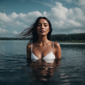 Fair-skinned woman with dark long wet hair, elegant and composed...