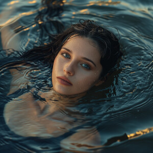 Capture the elegance of a fair-skinned woman with dark long wet...