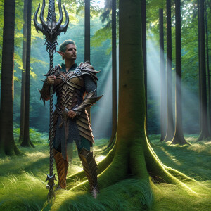 Elf man in the woods large green trees tower above letting in st...