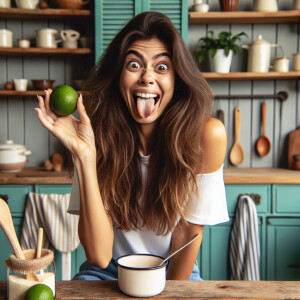 woman with long brown hair is making a silly face, sticking out...