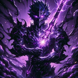 a dark, anime-style character with a menacing aura, surrounded b...