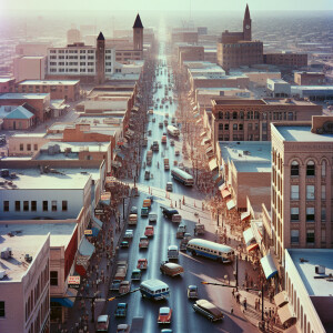 4k quality, drone over the streets of Fort Worth Tx, in the 1960...