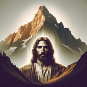Jesucristo de frente con una montaña detrás de él