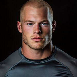 Create a man aged 24, image of a balding blonde haired steel blu...