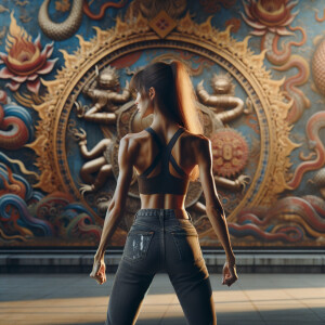 Athletic Thin skinny Attractive, Asian teenage girl, long brown hair and bangs, wearing tight skinny jeans and a halter top paint marks on her clothing, heroic pose Asian graffiti background, backside view