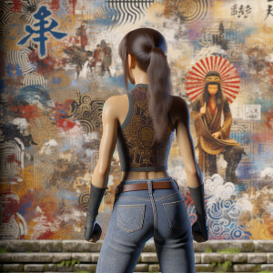 Athletic Thin skinny Attractive, Asian teenage girl, long brown hair and bangs, wearing tight skinny jeans and a halter top paint marks on her clothing, heroic pose Asian graffiti background, backside view