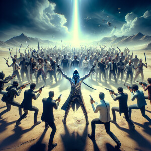 Imagine a vast desert landscape, blue skies fill he top half. Be...