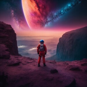 A lone astronaut stands on the threshold of a large cliff on a d...