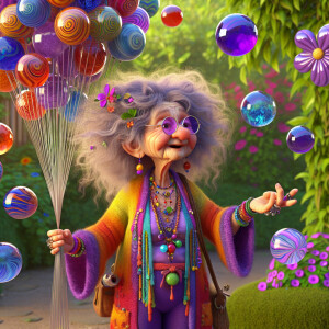 pixar style 3d image of a confused eccentric looking hippie gran...
