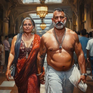 Hyperrealistic painting 1:1,A sweaty beefy man walking with his...
