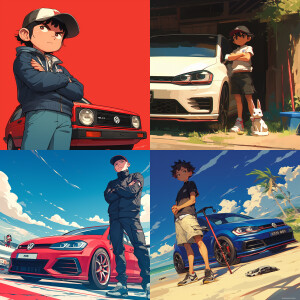 Volkswagen golf gti and cartoon boy In front of him