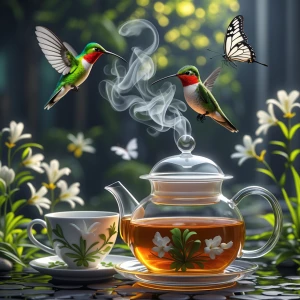 Create a beautiful garden, with a glass tea pot and teapot, a hu...