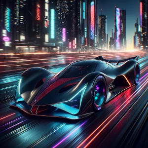 A sleek, obsidian-black futuristic hypercar, sculpted with aerod...