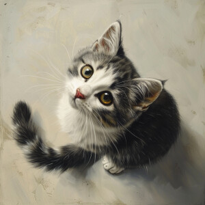 A gray and white cat looking up at the viewer with its tail wrap...